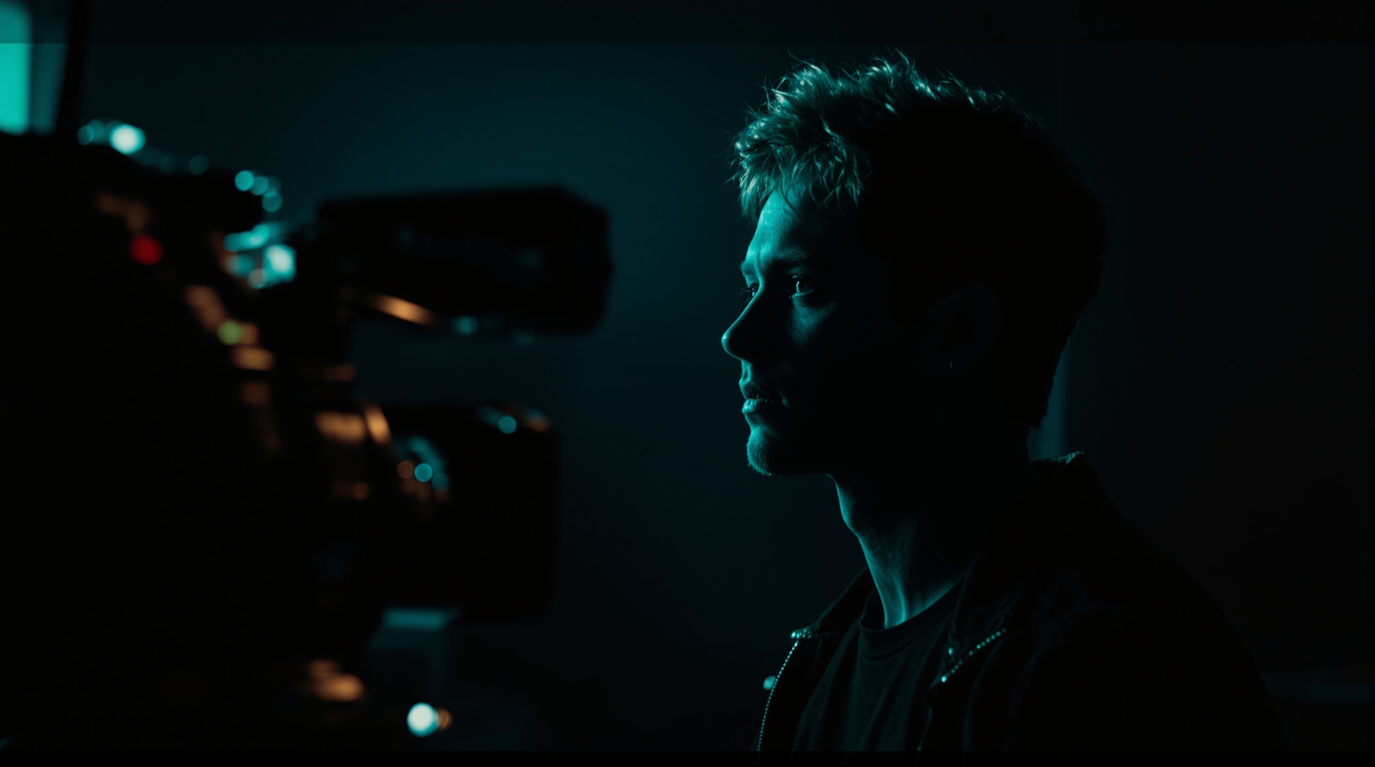 A face lit by a single dramatic side light in a dark room