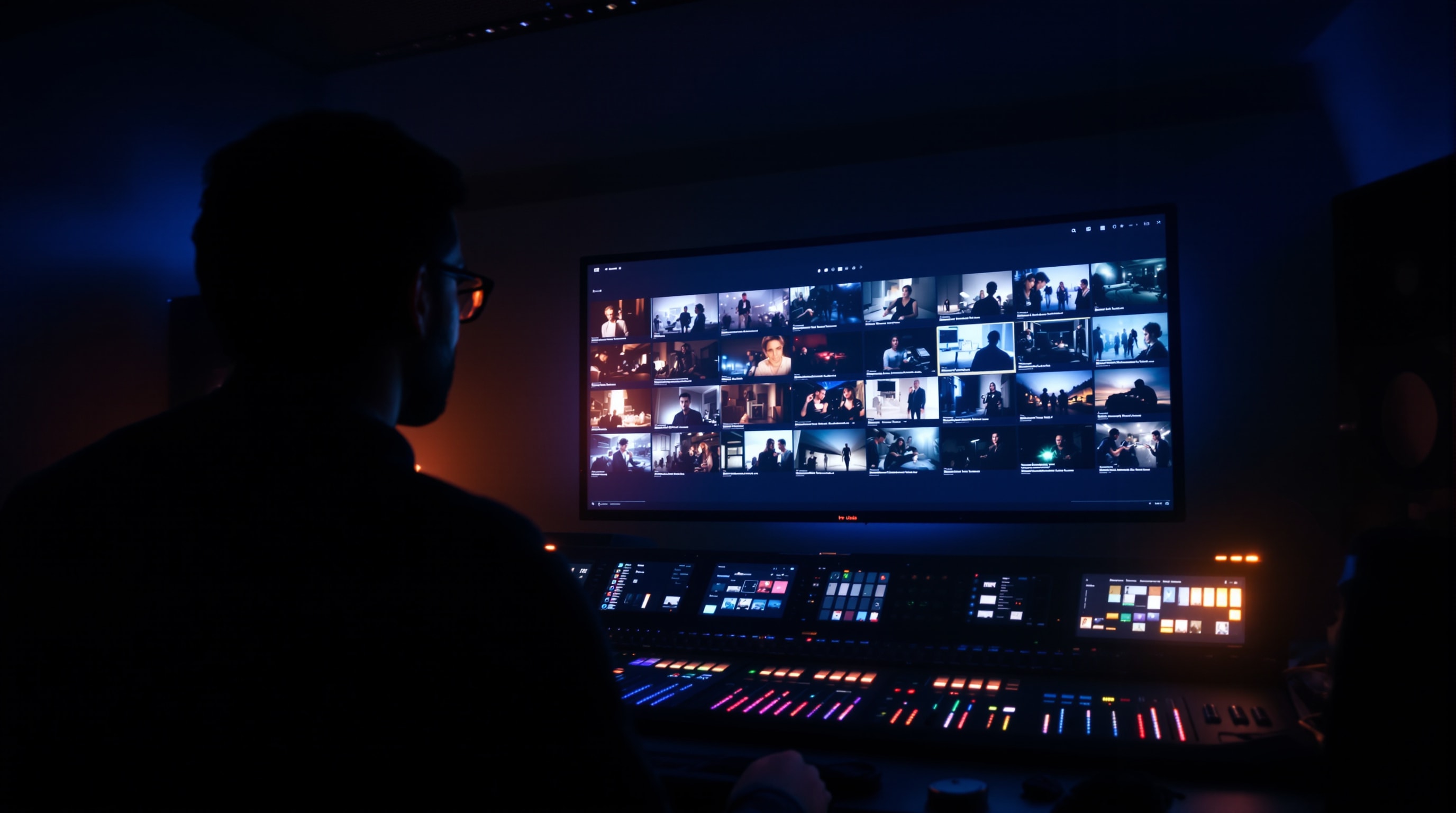 An editor reviewing a grid of cinematic clips on a large monitor at night