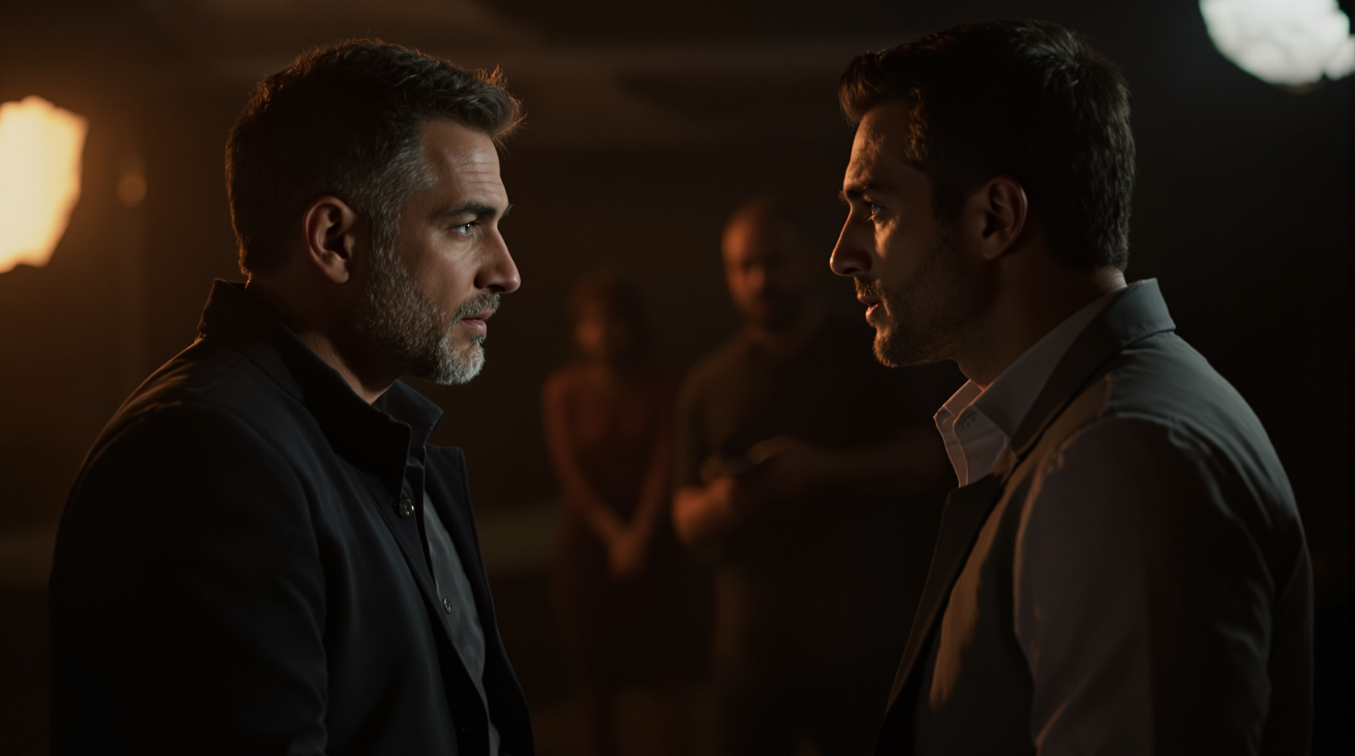 A director speaking quietly with an actor on a dimly lit set