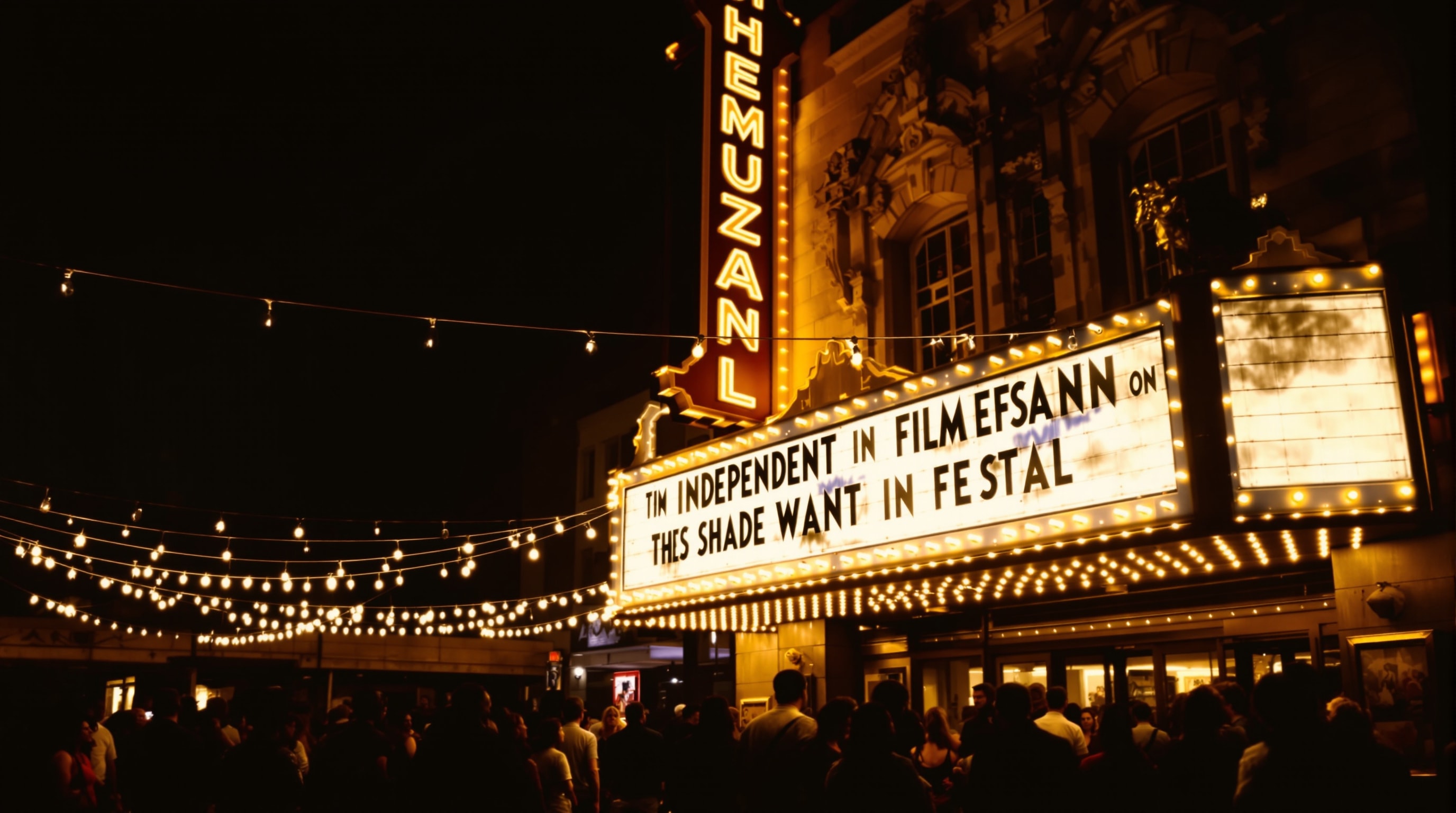 The glowing entrance of an independent film festival at night