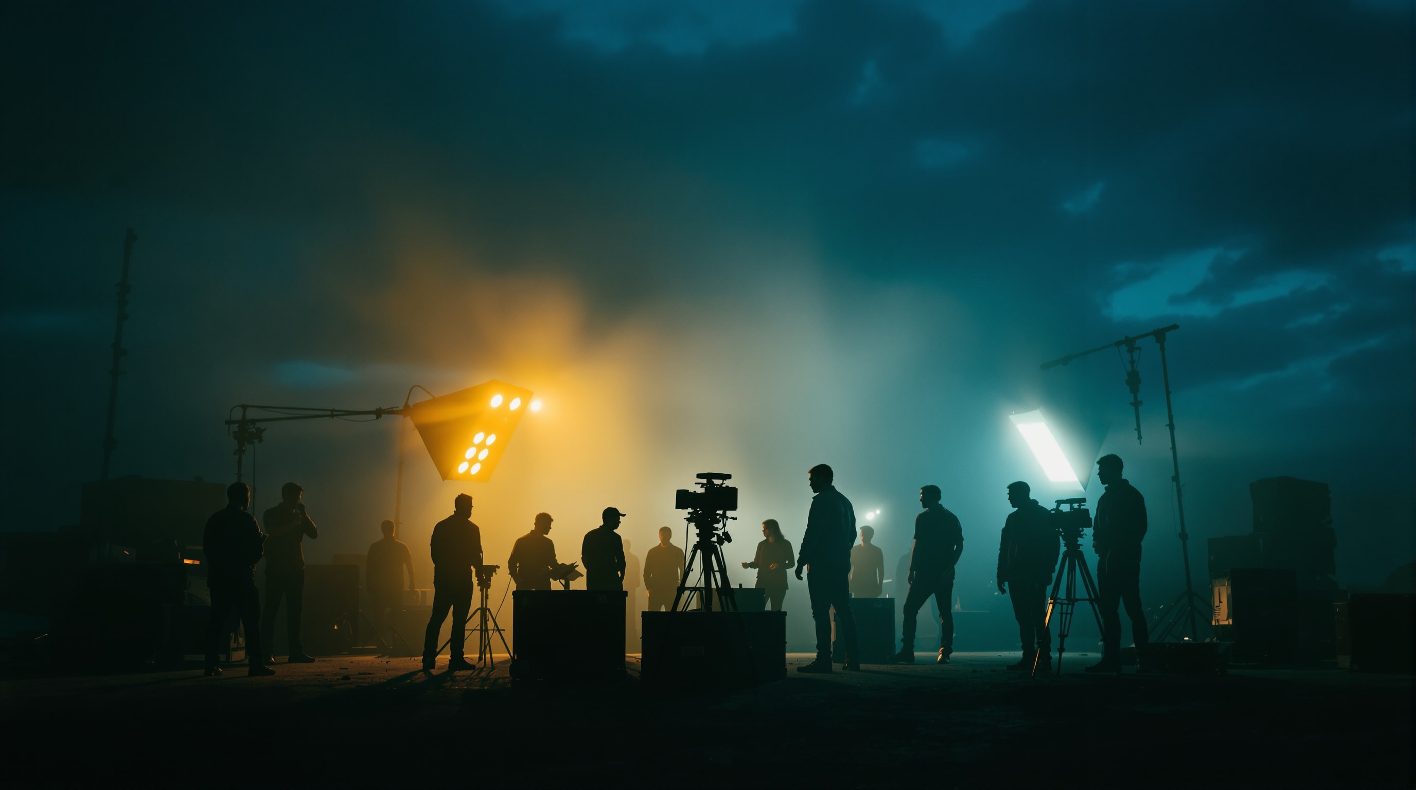 A small independent film crew around a camera on a dolly at blue hour