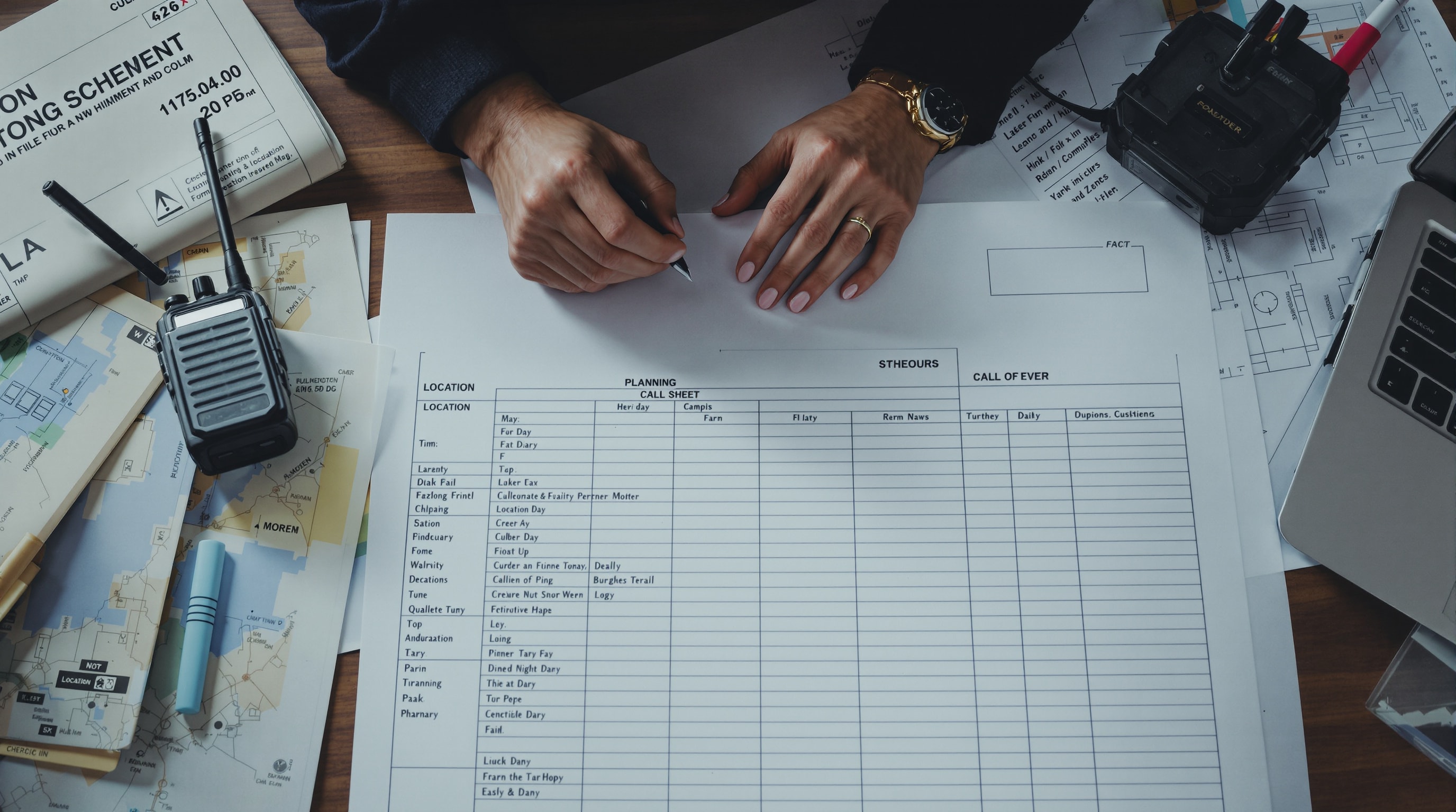 An overhead view of a film production planning table with schedule and map