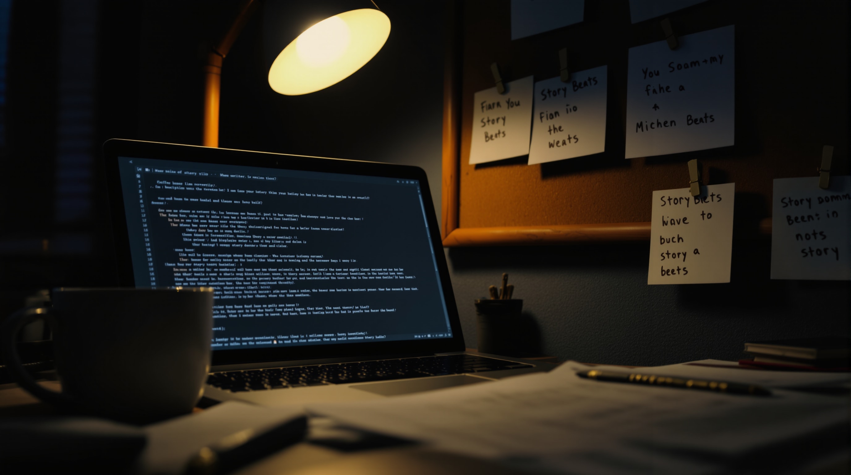 A screenwriter's night desk with laptop, index cards and coffee