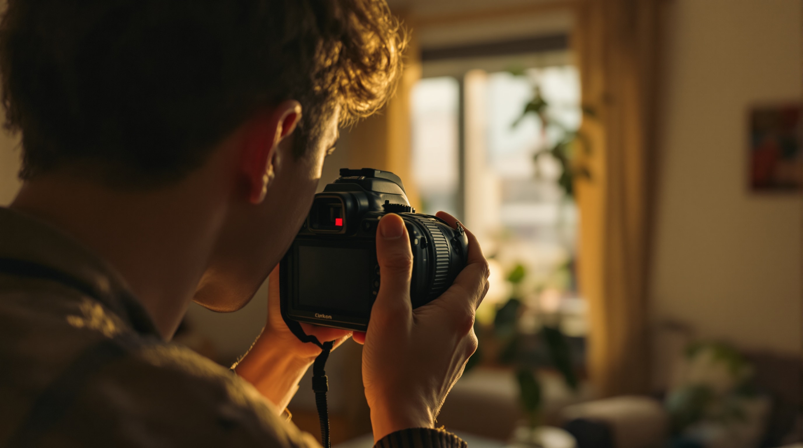 A filmmaker framing a scene with a compact cinema camera in a sunlit room