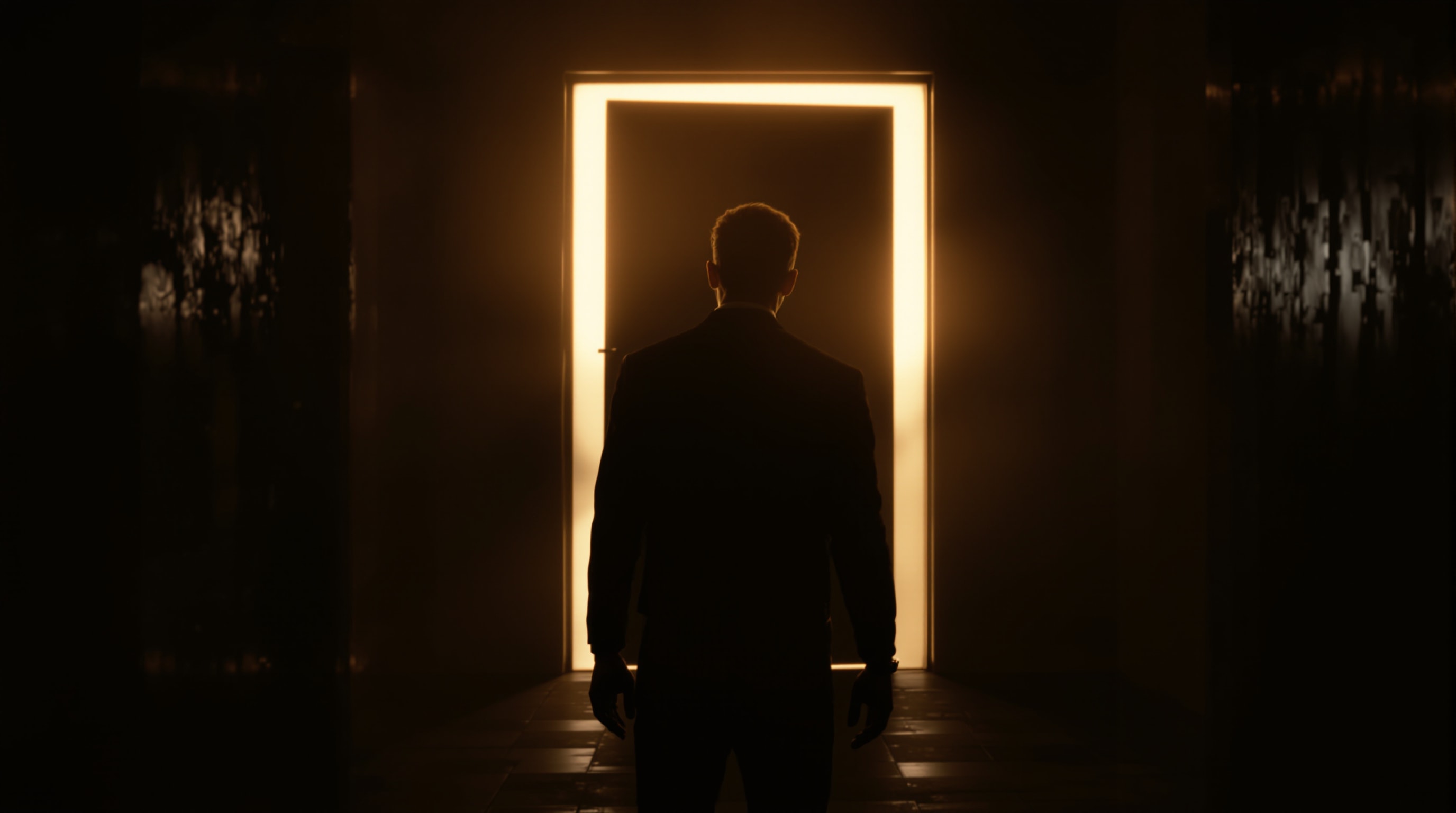 A cinematic production still of a lone backlit figure in a doorway